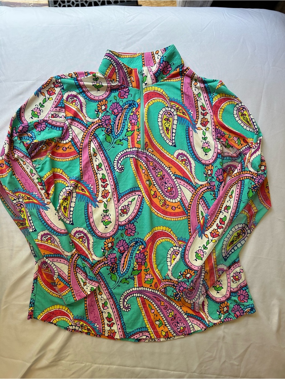 Gottex Turquoise Pink Yellow Multicolor Paisley Quarter-Zip Pullover